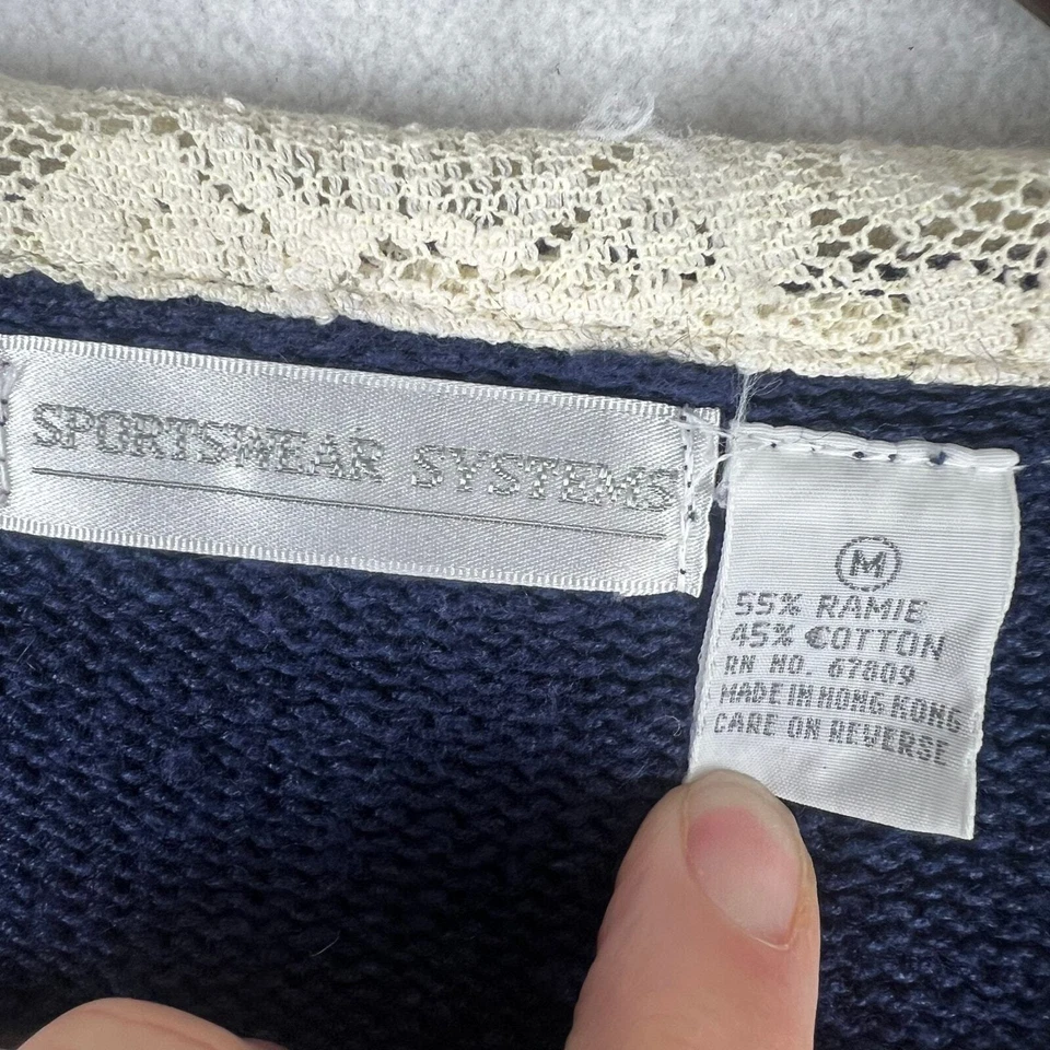Tarjeta tejida azul vintage años 80 Sportswear Systems para mujer. con cuello de encaje crema-M Foto 3 de 4