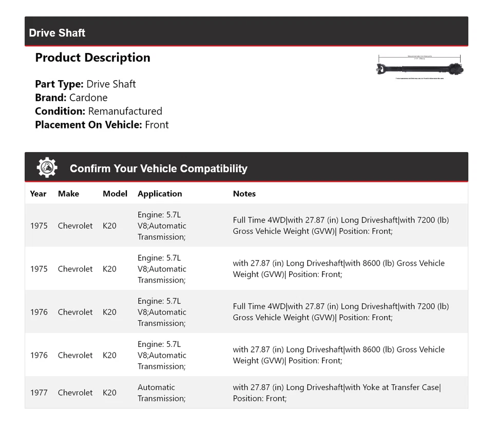 Eje de transmisión delantero cardone 1976 para Chevrolet K20 1975-1977 Foto 2 de 4