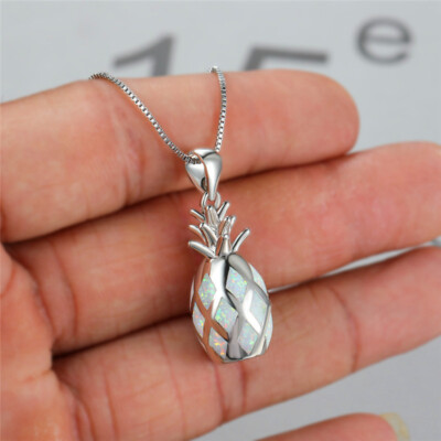 Cute Female Silver Charm White Simulated Opal Fruit Pineapple Pendant Necklace