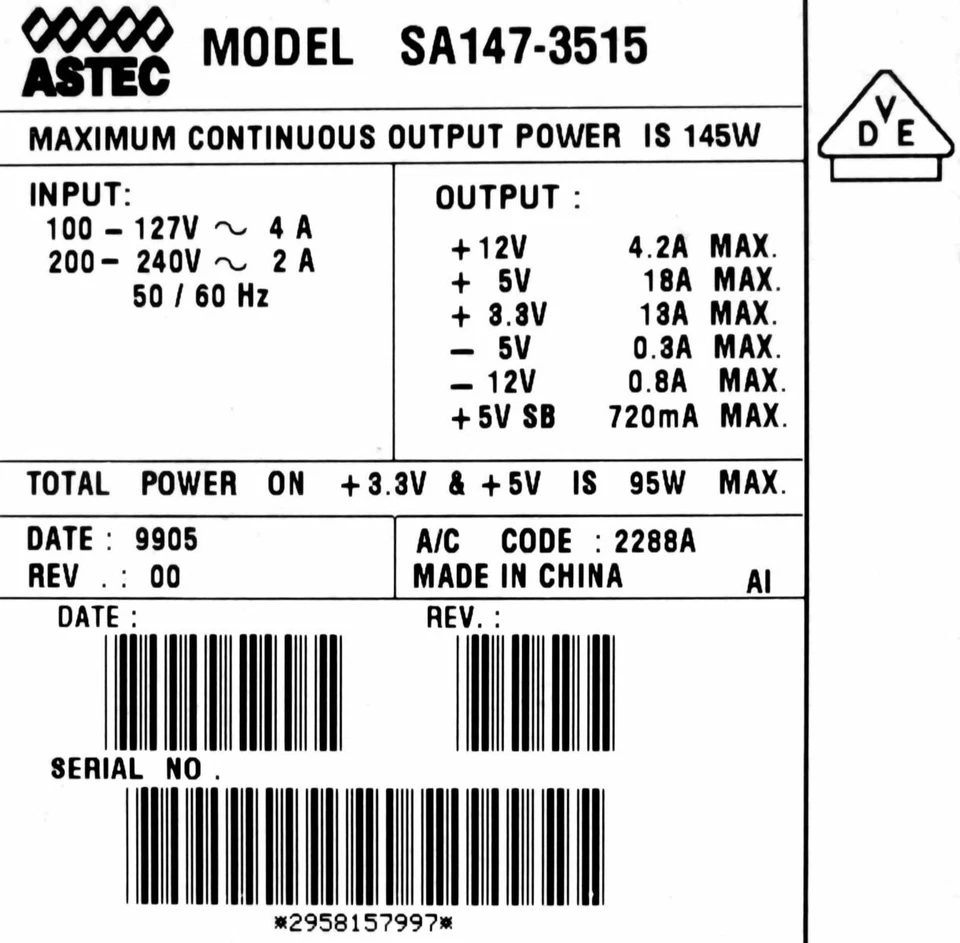 NETZTEILE ASTEC SA147-3515 145WATT ATX 1x20-PIN ATX 4xMOLEX 1xFLOPPY 1xFAN - SG - Bild 3 von 3