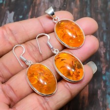 Conjunto de joyas colgante de plata de ley 925 hecho a mano con piedras preciosas de ámbar báltico + pendientes