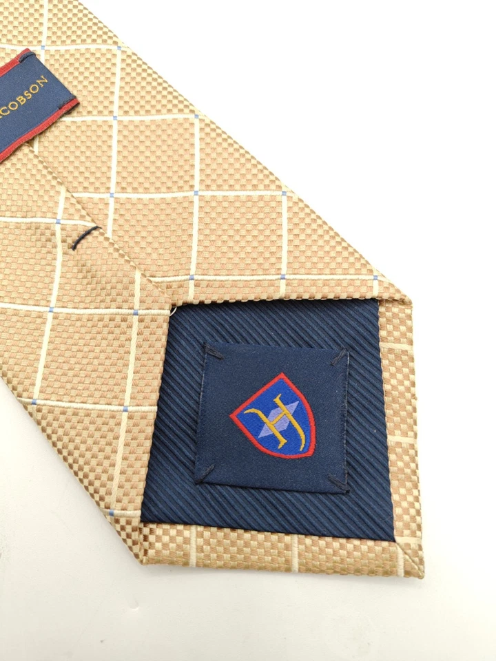🇺🇲 Henry Jacobson Mens Gold Window Pane Silk Tie 56x3 7/8 - Image 3 of 4