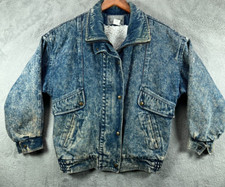 Vintage 80s Jordache Acid Wash Denim Bomber Flight Jacket Sherpa Lined Small