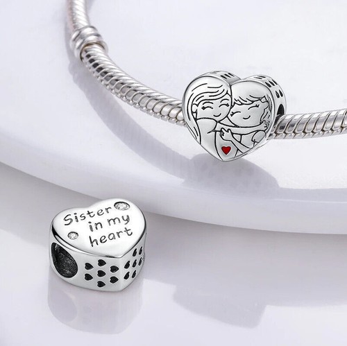 Sister In My Heart Charm Love Heart Big Little Sister Bead Sterling Silver 925 - Picture 2 of 2