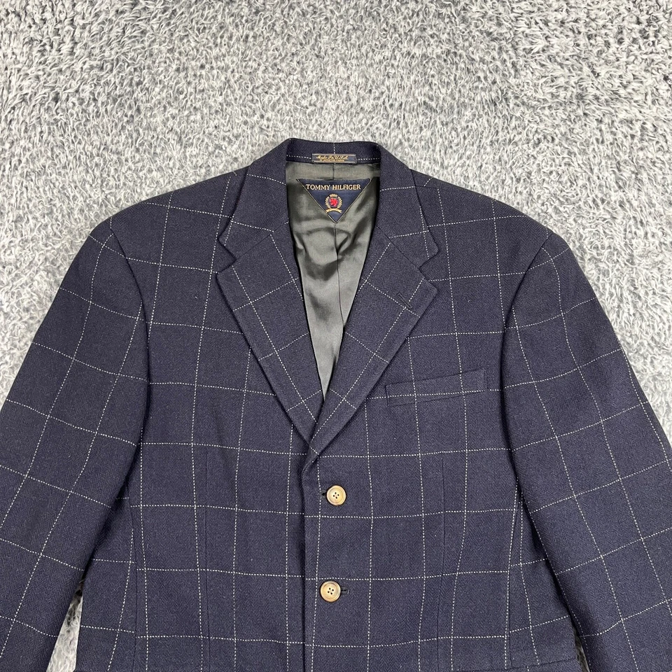 Vintage Tommy Hilfiger Jacket Mens L Navy Grid Check Sports Coat USA Prep Blazer - Image 3 of 4
