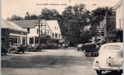 MAIN STREET Scene Bingham, Maine ME classic cars - Postcard