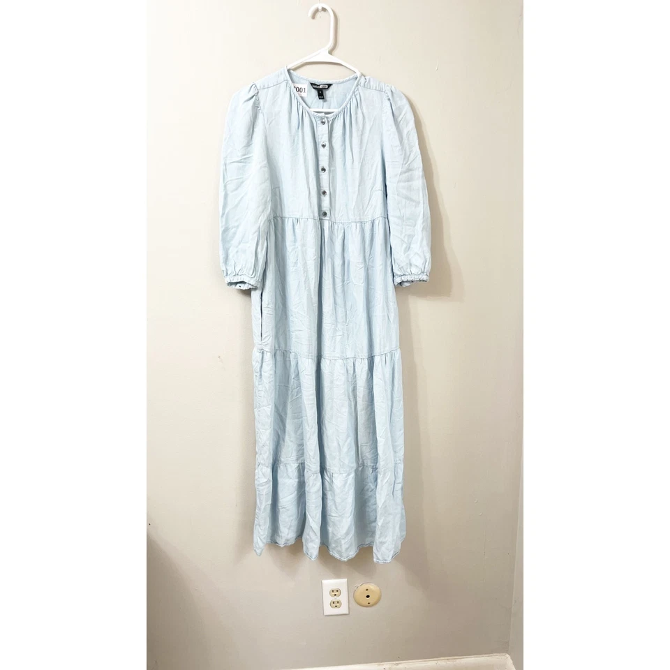 Isabella Oliver Womens Maternity Blue Maxi Dress 0 Tiered Long Sleeve Chambray * - Image 2 of 4