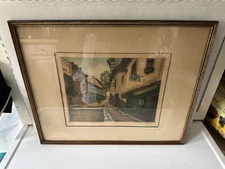 Vintage Color Etching European Street Townscape Artist Signed In Original Frame