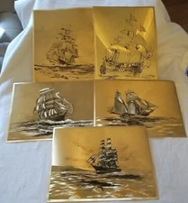 Lot Of 5 Dufex Prints Gold Foil 8.25"X6.25" Flag Ships Boats England