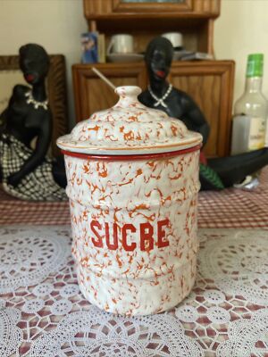 Ancien POT À Sucre TOLE EMAILLEE Moucheté Rouge St Servais
