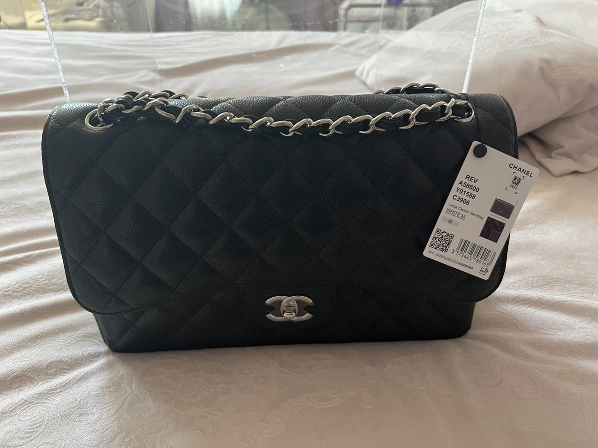 CHANEL - Jumbo Caviar Leather CC Classic Flap - Black / Silver Shoulder Bag