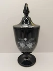Fenton Black Art Glass Candy Jar Urn w/Lid Hand Painted Signed Partial Stickers