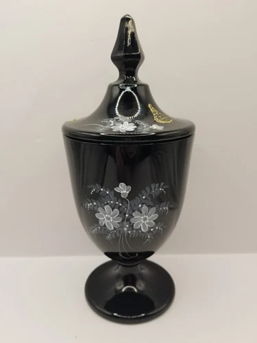 Fenton Black Art Glass Candy Jar Urn w/Lid Hand Painted Signed Partial Stickers