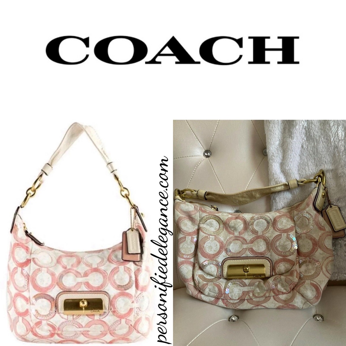 RARE Coach Signature Kristin Op Art Pink Ivory Sequin Handbag $398