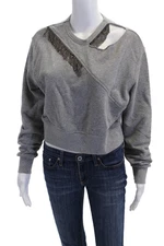 Pinko Womens Long Sleeve Cut Out Crystal Fringe Sweatshirt Gray Cotton Small