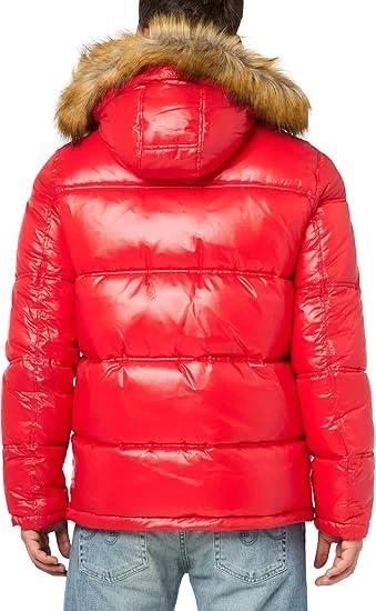Guess Mens Jacket Coat M Quilted Puffer Insulated Faux Fur Remove Hood $250 Red - Image 2 of 4
