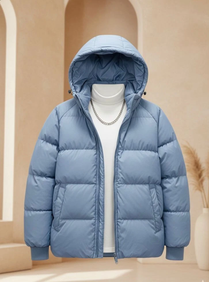Men's Blue Hooded Puffer Jacket Winter Warm Lightweight Zip Up Coat