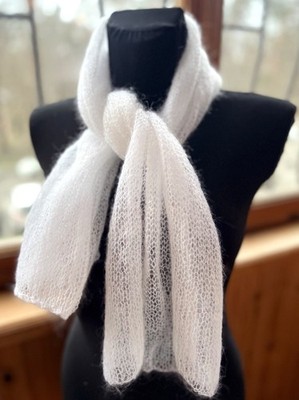 Loose Hand Knit Thin White Scarf Soft Kid Mohair, Light Fuzzy