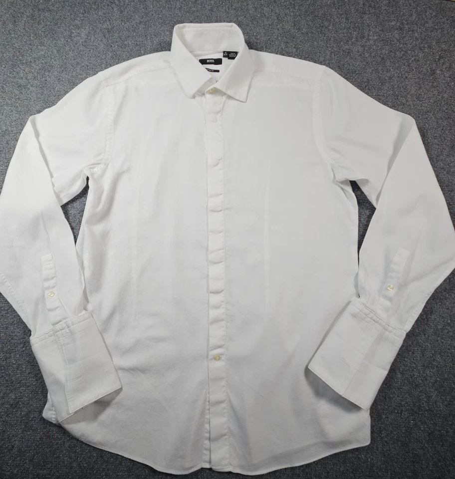 Hugo Boss 16 码 34/3 男式白色法式袖口锋利版型 100% 棉长袖 — 第 3/4 张图片