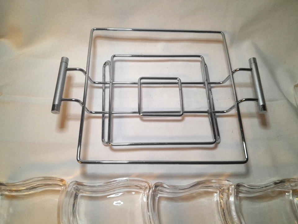 RARE 5pc Retro Wave Square Appetizer/Snack Serving Dish Set Glass & Chrome MCM - Image 3 of 4