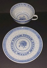 Tee Tasse Unter Teller Set Reiskorn Porzellan China Blau Weiß Asia Vintage