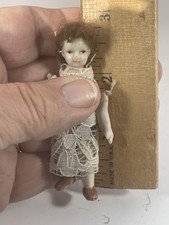 ANTIQUE 30's PORCELAIN BISQUE JOINTED ARMS LACE DRESS 2.5 MINIATURE DOLL