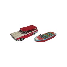 Vintage Tinplate Ford Family Sedan Station Friction Car & Speed Boat Tada Japan