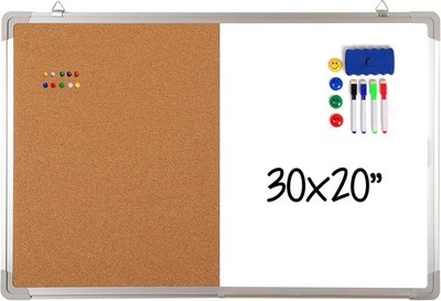 Combination Whiteboard Bulletin Board Set - Dry Erase/Cork Board 30x20 in with 1