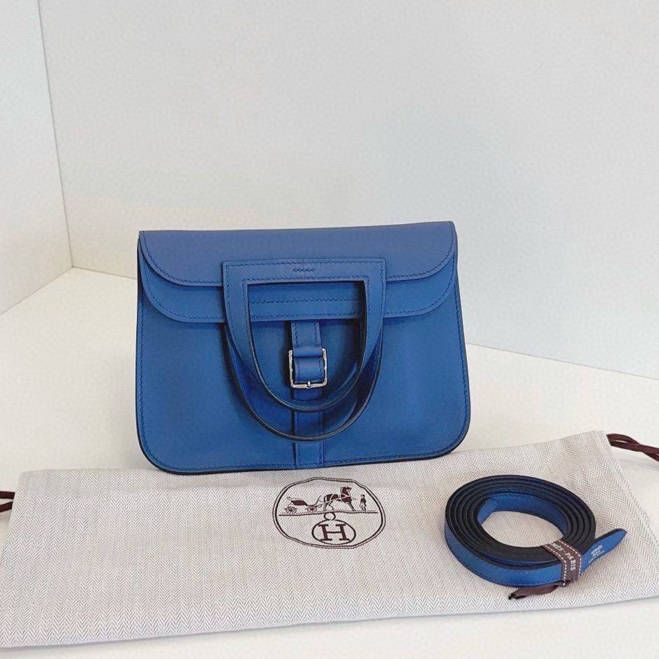 Hermes Halzan Mini Top Handle Crossbody Blue Silver Women Classic