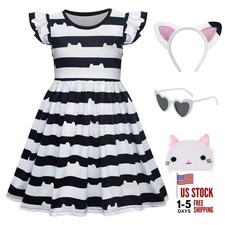 Black and White Striped Cat Costume Girls Birthday Dress up with 5-6 Years