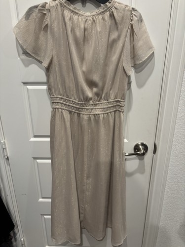 Abito midi donna Ann Taylor chiffon oro beige metallizzato usato in ottime condizioni maniche svolazzanti 2 - Foto 7 di 7