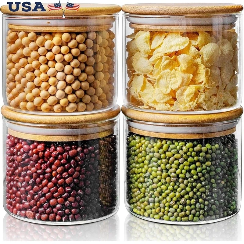 Premium Glass Jars W/ Bamboo Lids Set of 4 Air Tight Food Storage Containers New