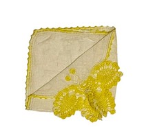 Vintage Handmade Crochet Lace Butterfly Handkerchief Yellow