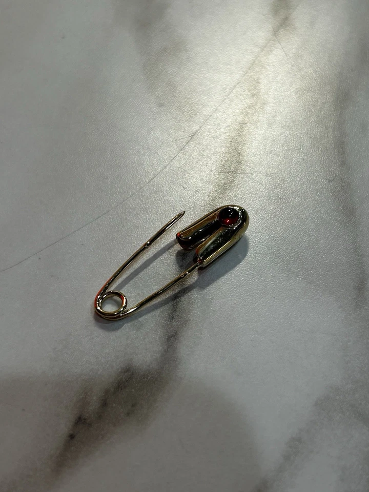 14k Solid Gold Safety Pin With x2 Bezel Set Cabochon Rubies. Handmade In Kansas - Image 3 of 4