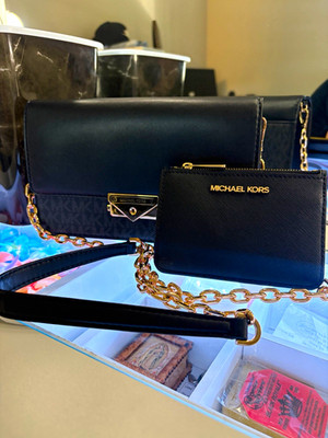 Michael Kors Black Logo Crossbody Bag Gold Chain, Turn Lock, Detachable, Coin