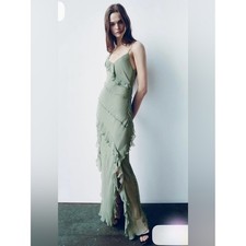 Zara Elegant Olive Green Ruffled Slip Maxi Dress Size XL