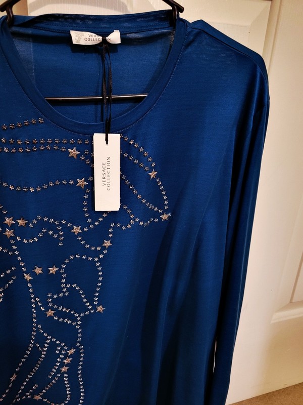 Versace Collection Men's Medusa Logo T Shirt Long Sleeve XL Blue Made In Italy