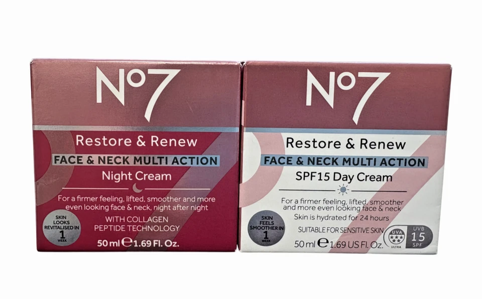 No7 Restore and Renew Face & Neck Multi Action | Day SPF15 & Night Cream | 50ml