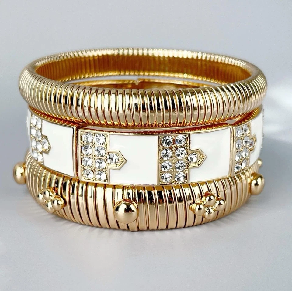 Pulsera elástica Park Lane Asher esmalte blanco cristales dorado Foto 2 de 2