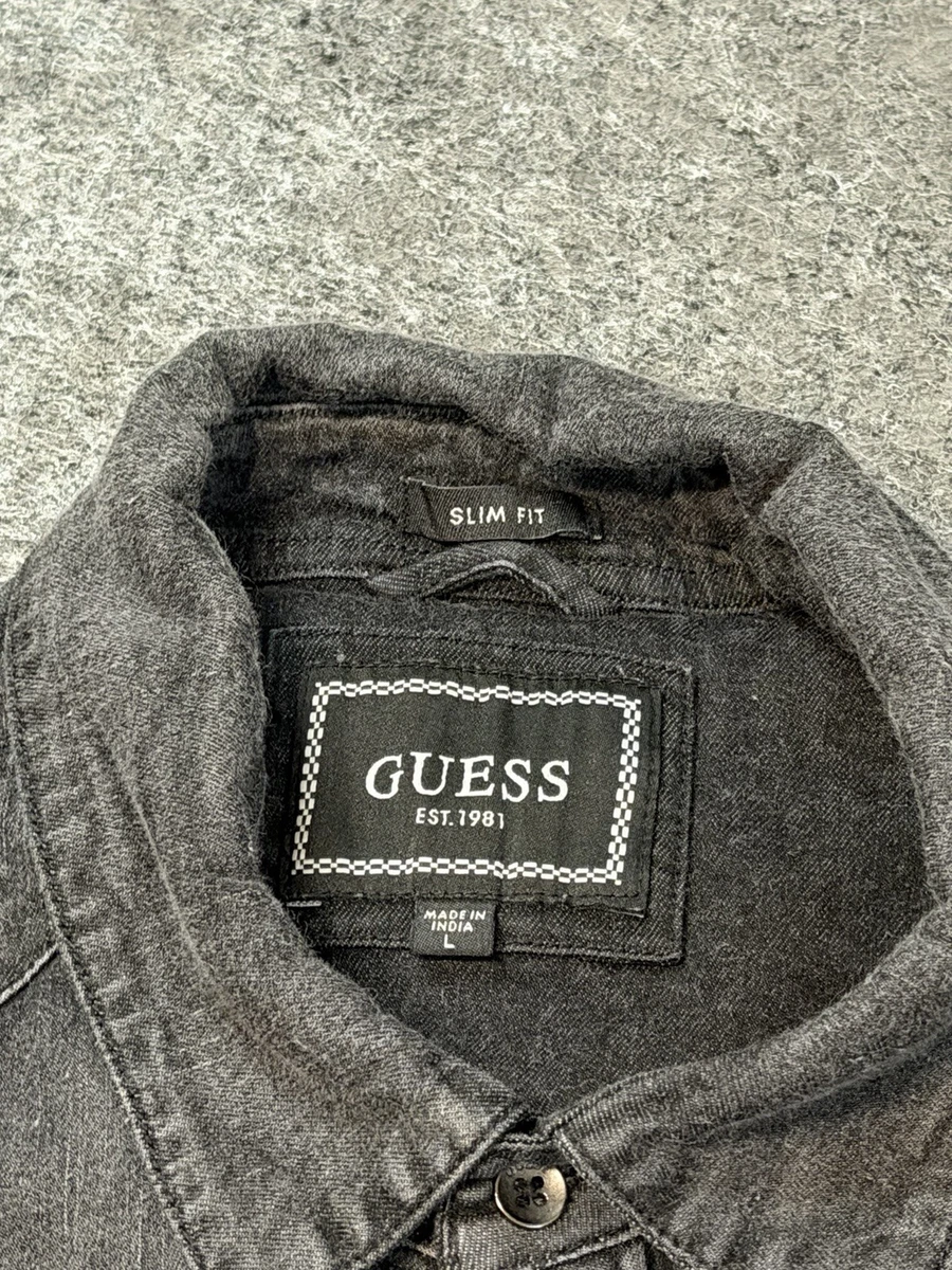 Camisa occidental Guess ajustada negra denim frontal a presión grande para hombre