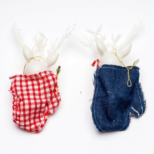 2 Vintage Kitschy Plastic White Reindeer in Handmade Mitten Christmas Ornaments - Picture 3 of 6