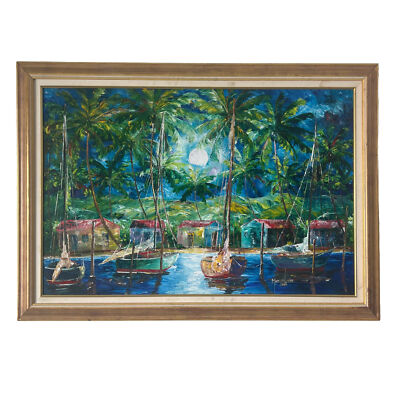 Marcos Larios Signed Original Oil Painting 2001 Moonlit Water Boats Palm Trees
