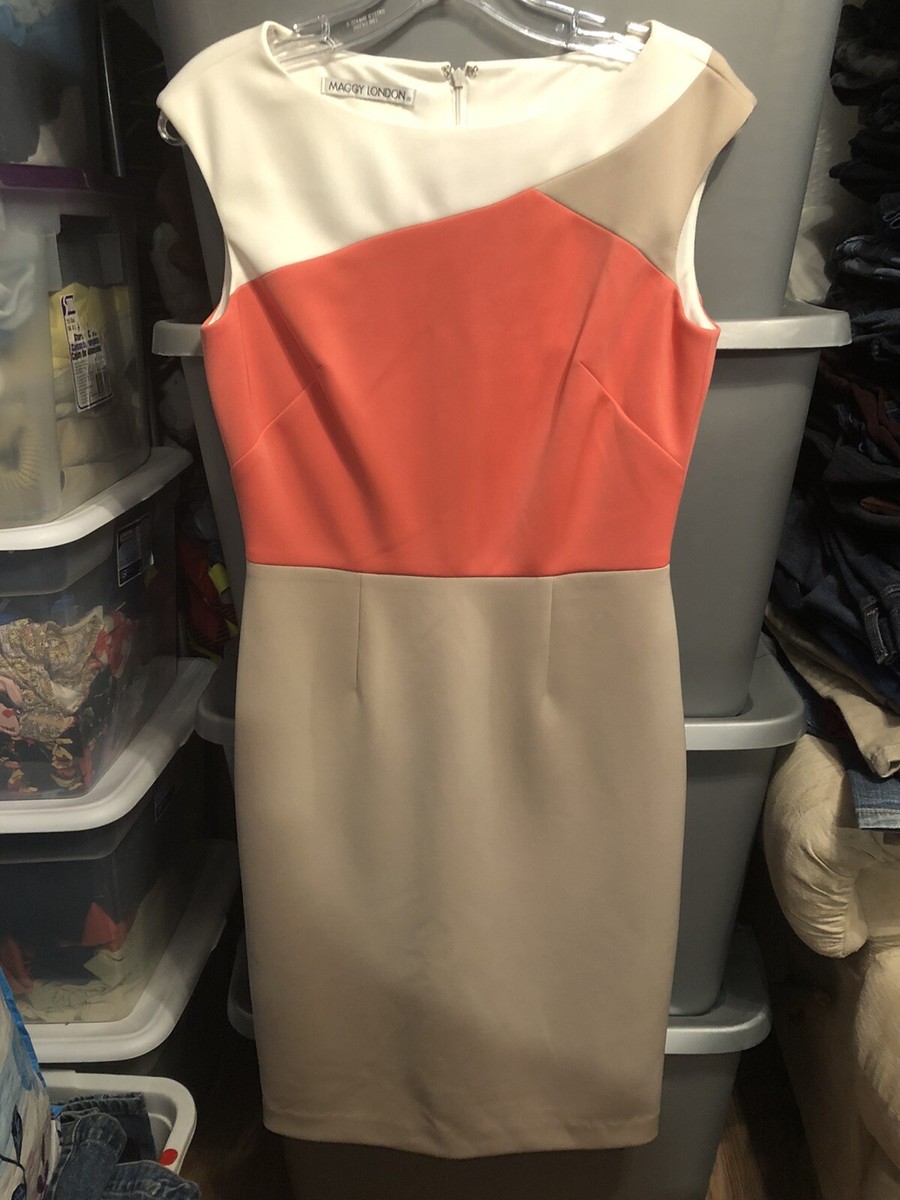 Maggy London color block pencil dress size 6 beige pink & white