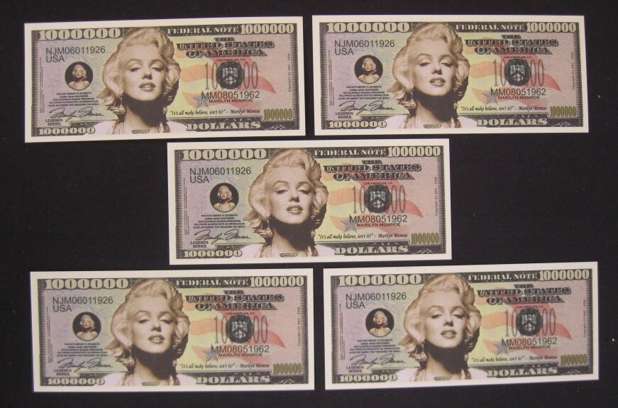 Marilyn Monroe Million Dollar Bills (5) Novelty Bills Sharp! FREE SHIPPING!