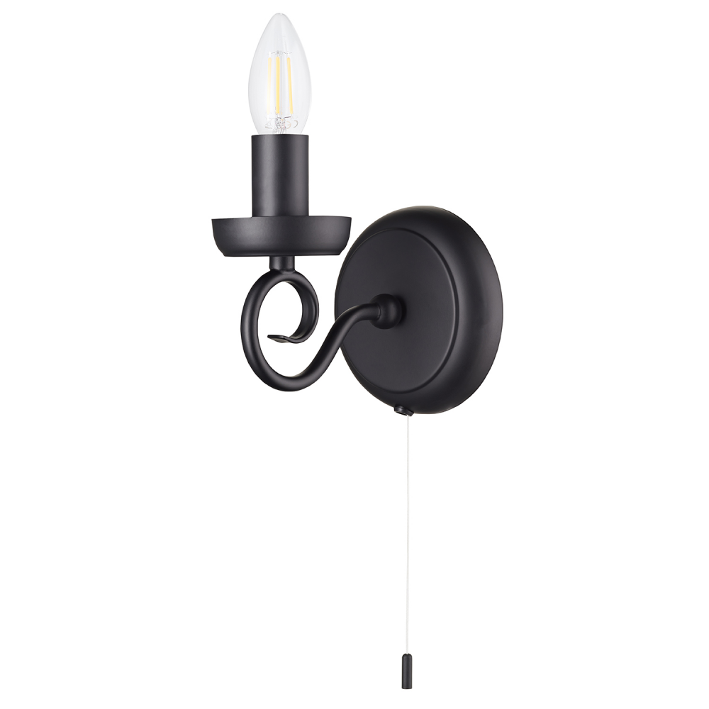 Traditional Style Matt Black Wall Light Fitting with Scroll Arm and Pull Swit...