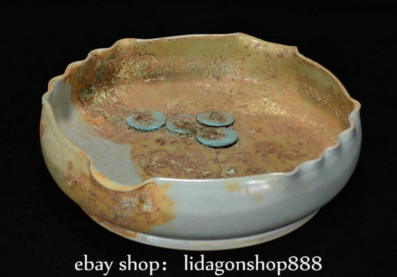 7.6" Old Chinese Palace Ru Kiln Porcelain Inlay Coin writing-brush washer