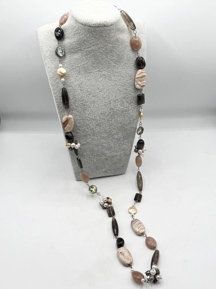 Genuine Pearl Agate Smokey Quartz Abalone Shell & MOP Long Beaded Necklace — 第 4/4 张图片