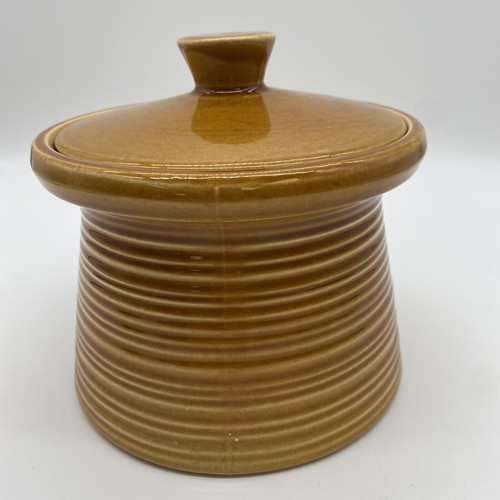 Crown Devon Lidded Pot Jar Mustard Glaze Ribbed Beehive Style 70's Vintage H16 - Picture 4 of 8