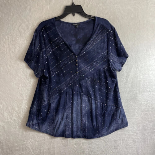 Sami & Jo Navy Blue Sequin Short Sleeve Shirt Top V-Neck - Women's Size 1X NEW