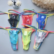 Mens Thong Underwear Sheer Mesh T-back Sexy Bikini G-String Briefs Rainbow Gays